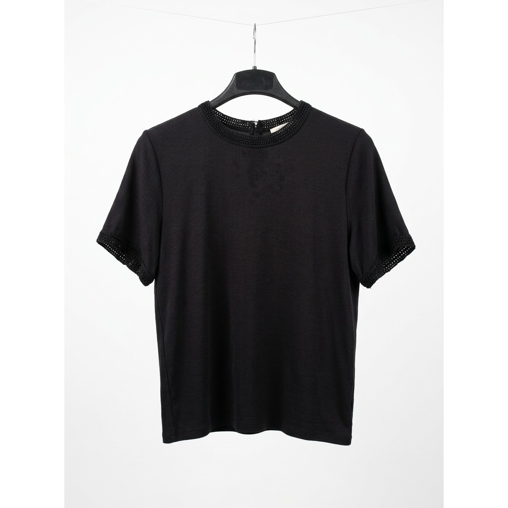 FRAME Black Ribbed Crochet Trim Short Sleeve Top Keyhole Back Size Large Modal